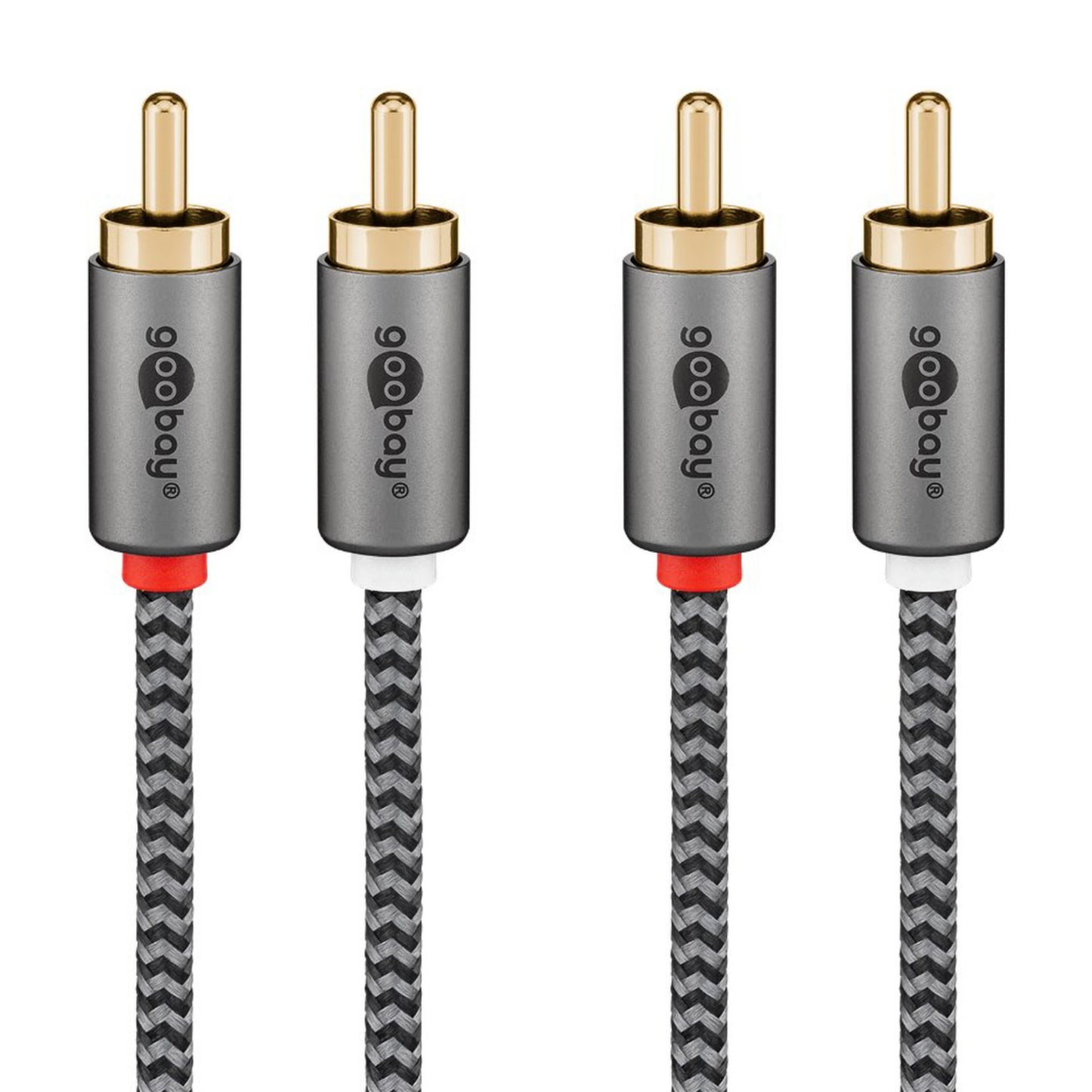 2x AV-Cables.dk stereo RCA-kabel 2m, grå flet, guldbelagte stik, sølvhuse markeret rød/hvid, logo på hvert stik.