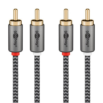 2x AV-Cables.dk stereo RCA-kabel 2m, grå flet, guldbelagte stik, sølvhuse markeret rød/hvid, logo på hvert stik.