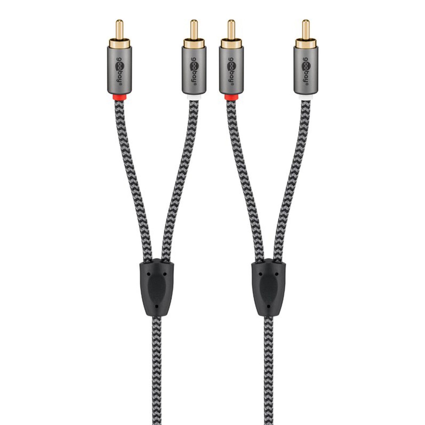 2 stk Stereo RCA kabel 2 m guldbelagt, sort/hvid flet, sorte stik, samlet med plastclips til analog lyd/phono.