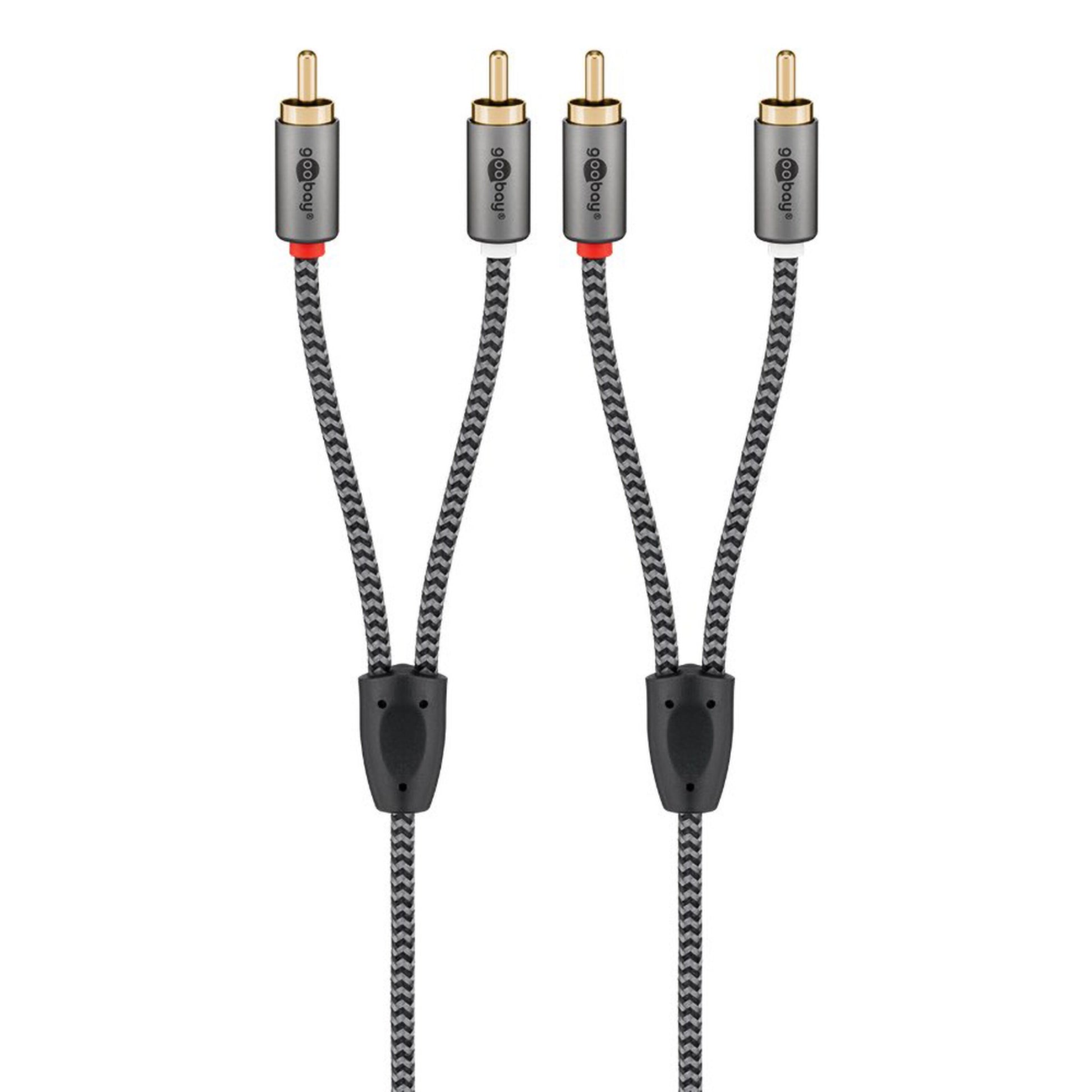 2 stk Stereo RCA kabel 2 m guldbelagt, sort/hvid flet, sorte stik, samlet med plastclips til analog lyd/phono.