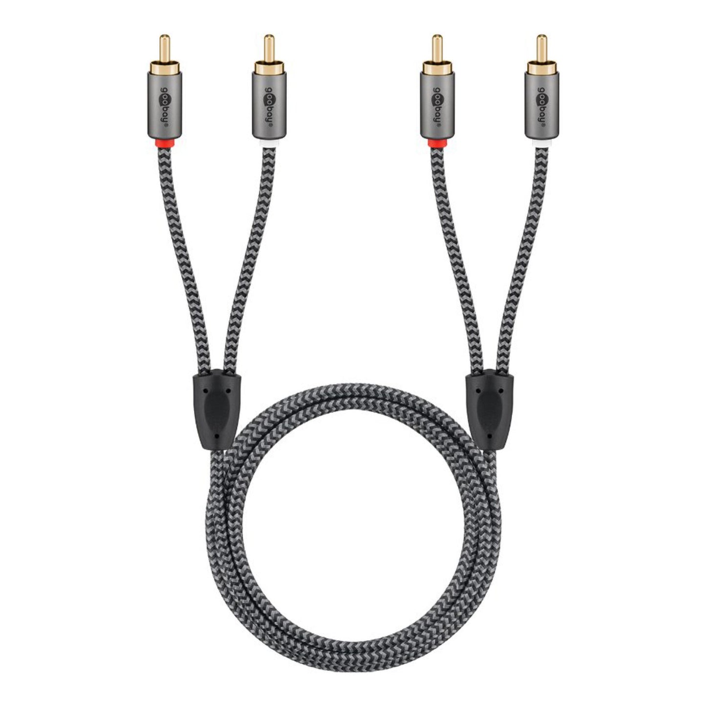 Stereo RCA-kabel 2 m, sort/grå flet, guldbelagt stik, til analog stereo og phonoforbindelse.