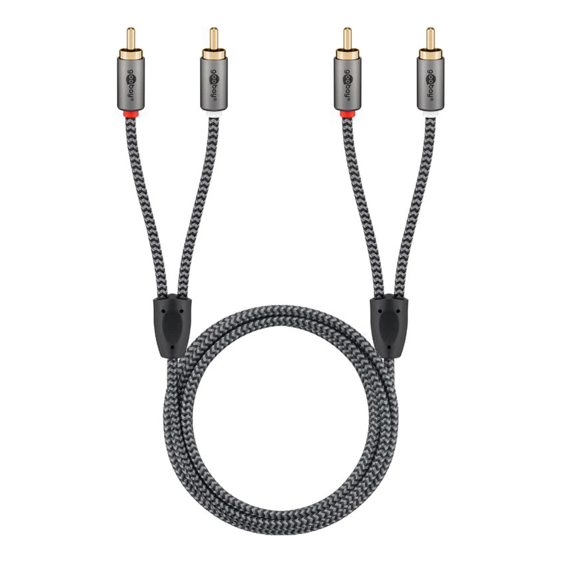 Stereo RCA-kabel 2 m, sort/grå flet, guldbelagt stik, til analog stereo og phonoforbindelse.