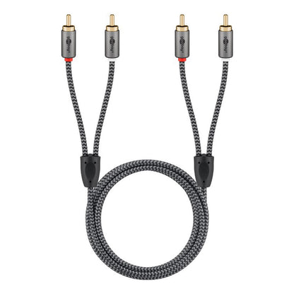 Stereo RCA-kabel 2 m, sort/grå flet, guldbelagt stik, til analog stereo og phonoforbindelse.