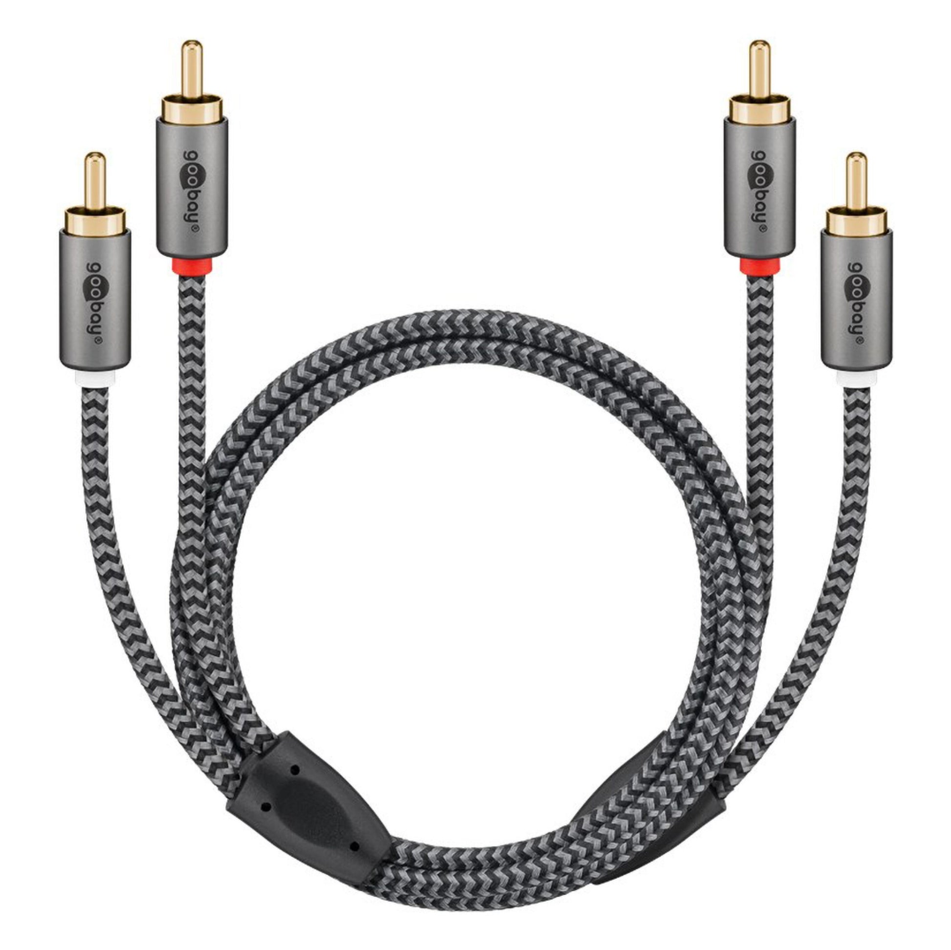 Stereo RCA-kabel 2m, flettet grå/sort, 2 par guldbelagte stik, til analog stereo og phonoforbindelse.