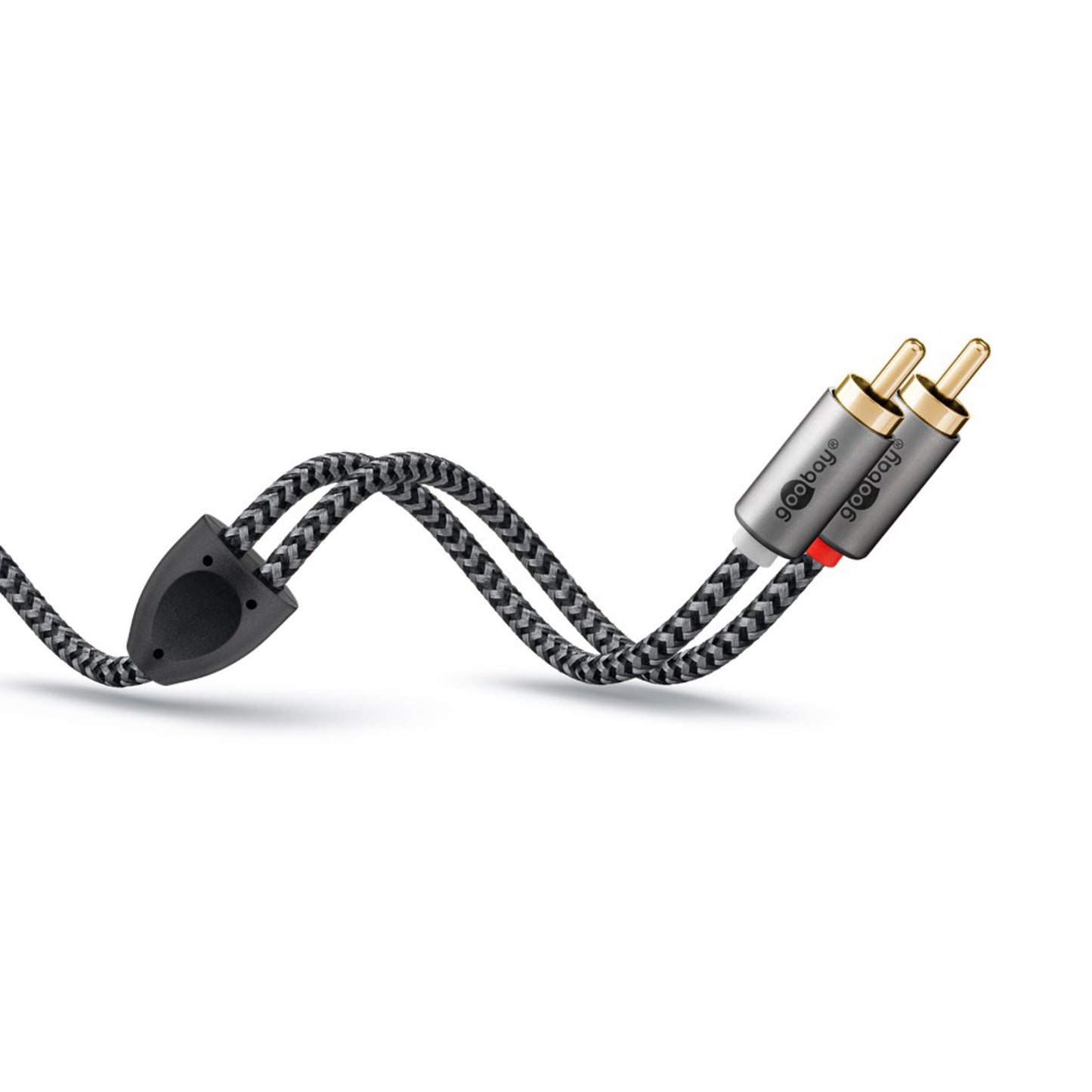Stereo RCA kabel 2 m, guldbelagt stik, sort fletning, sorte/røde markeringer, analog stereo og phonoforbindelse.