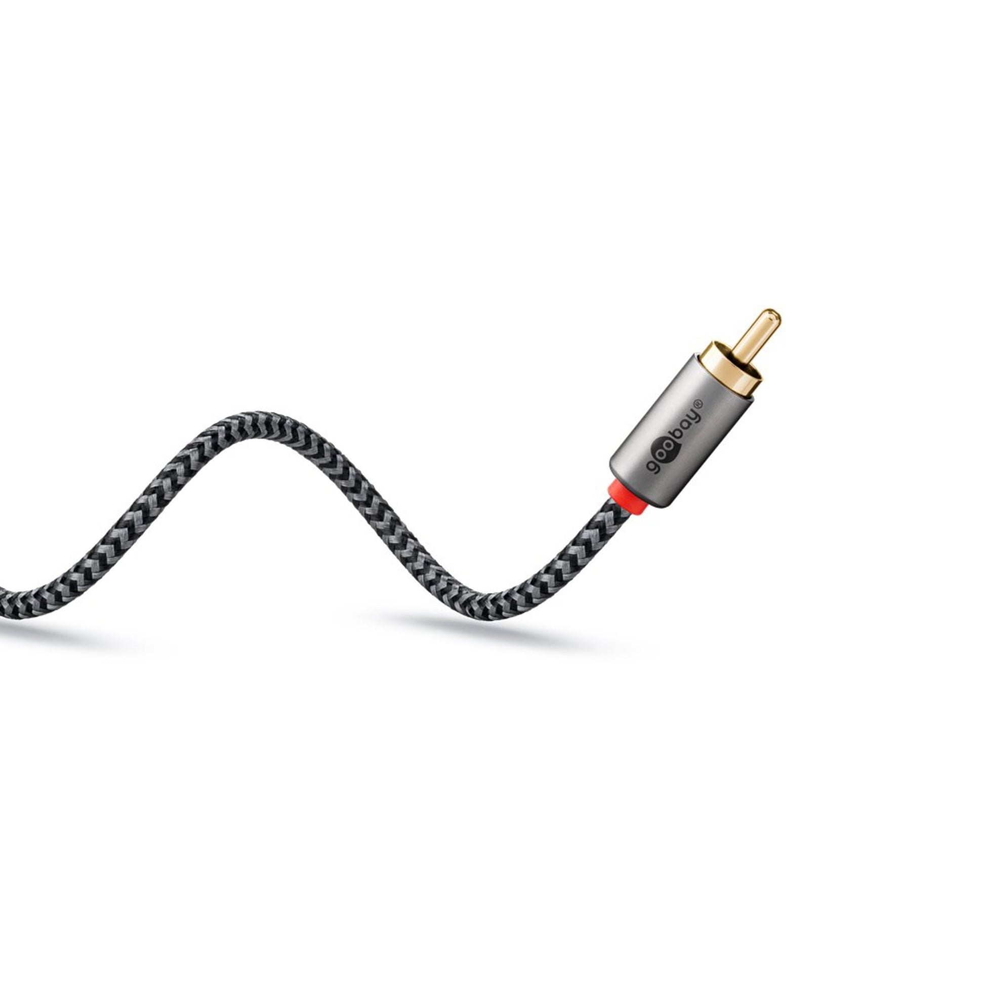 Stereo RCA-kabel 2 m med guldbelagt stik og sort/gråt flettet kabel til analog stereo og phonoforbindelse.