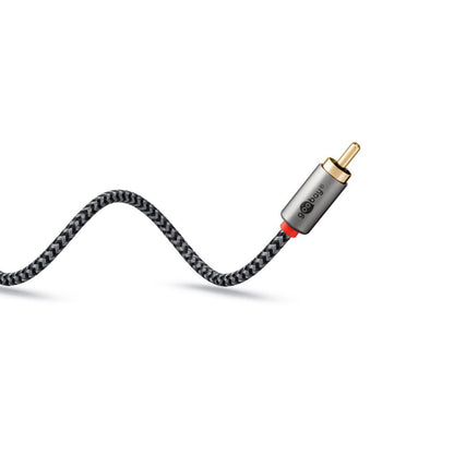 Stereo RCA-kabel 2 m med guldbelagt stik og sort/gråt flettet kabel til analog stereo og phonoforbindelse.