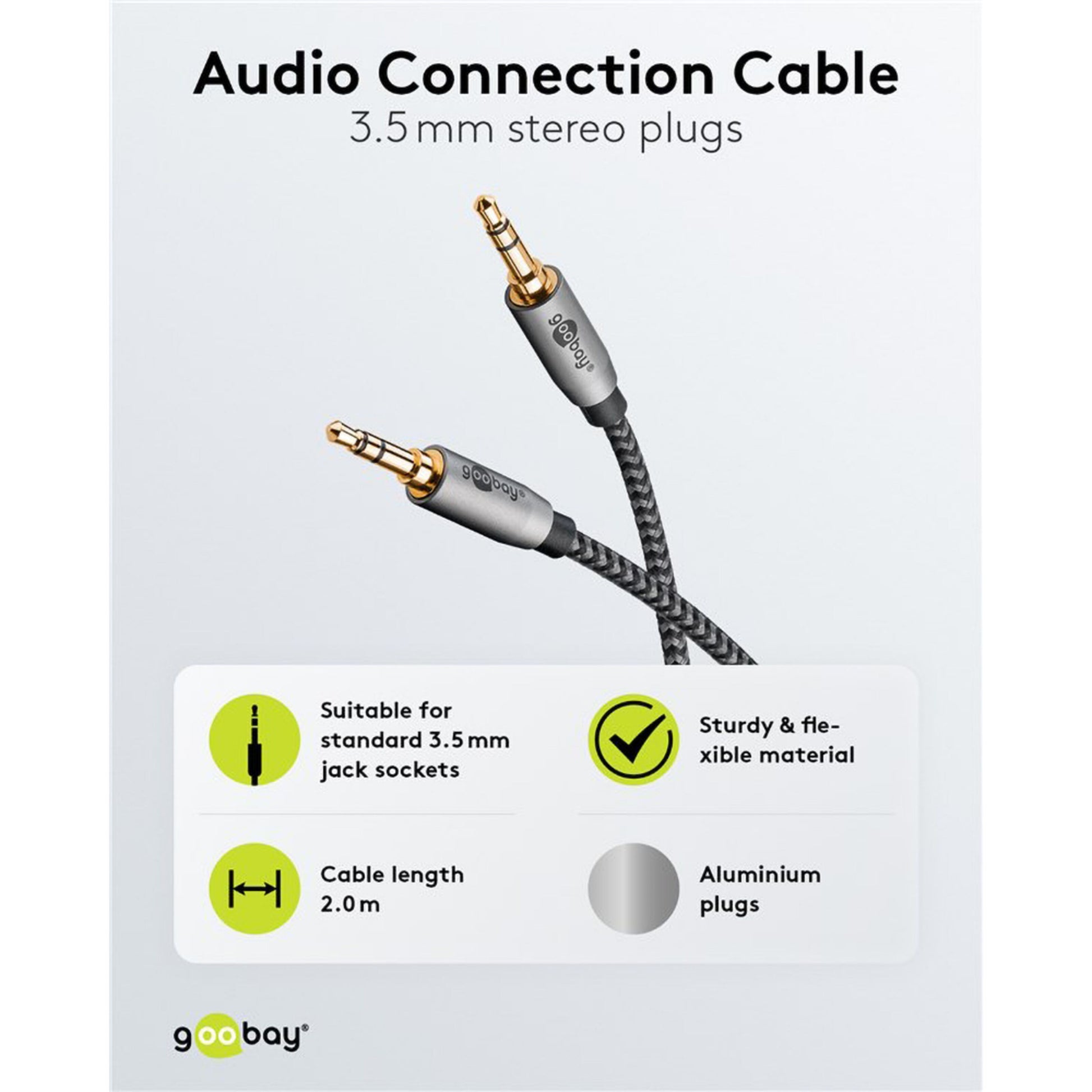 Goobay AUX lydkabel 3,5 mm stereo stik, guldbelagt aluminium stik, sort flettet 2m kabel, Goobay logo nederst.