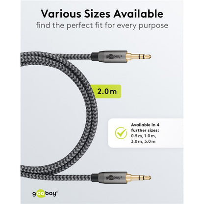 Goobay AUX lydkabel 3,5 mm han-han 2 m flettet tekstil, Goobay-logo på kablet, fås i længder 0,5-5,0 m.
