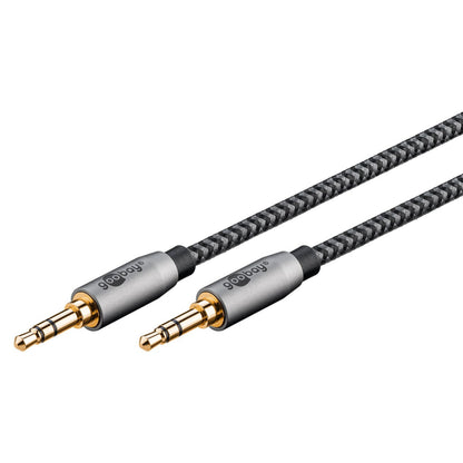 Goobay AUX lydkabel 3,5 mm, 2 meter, sort og grå flettet kabel med grå metalstik.
