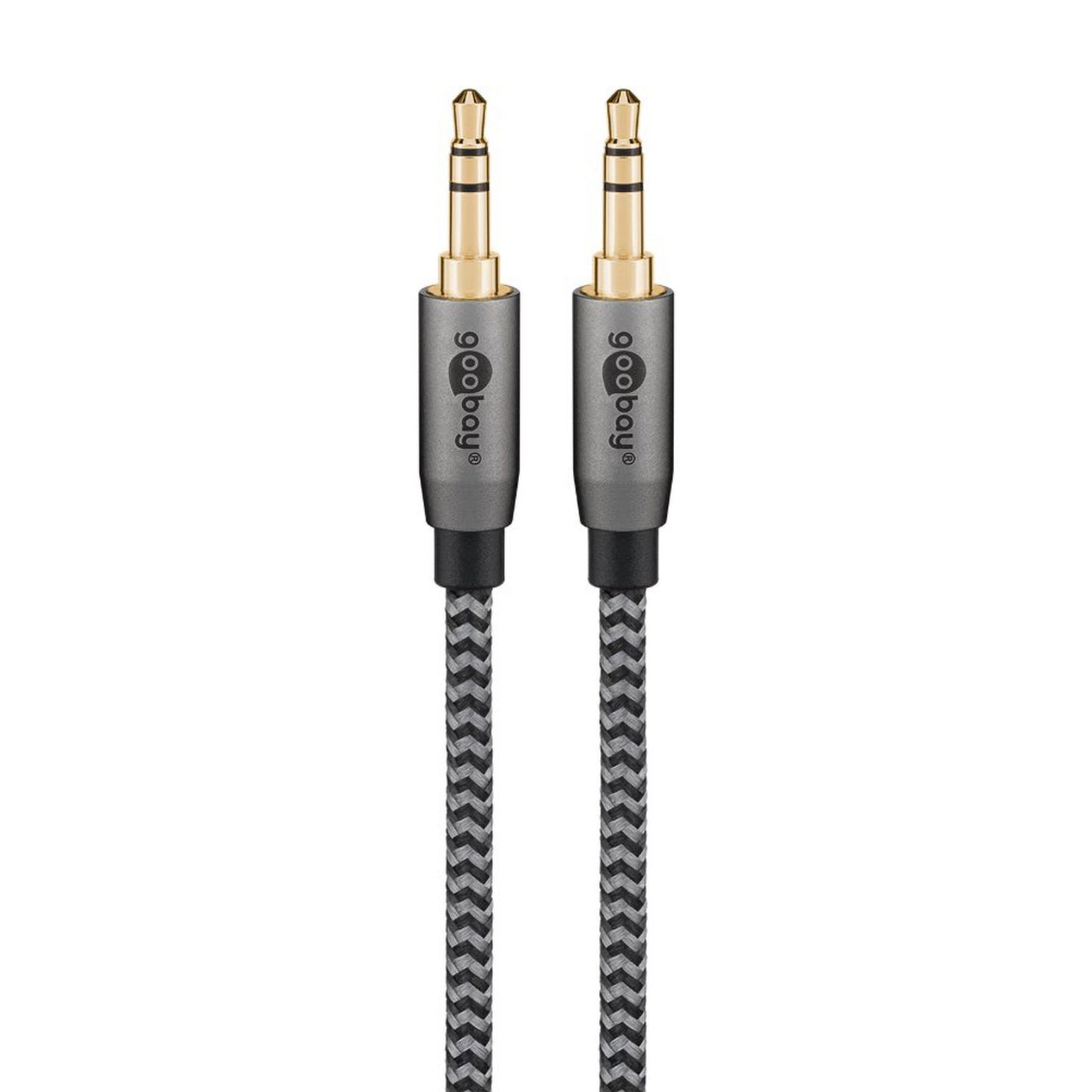 Goobay AUX lydkabler 3,5 mm sort og grå, 2 m, flettet tekstil, guldforgyldte stik.