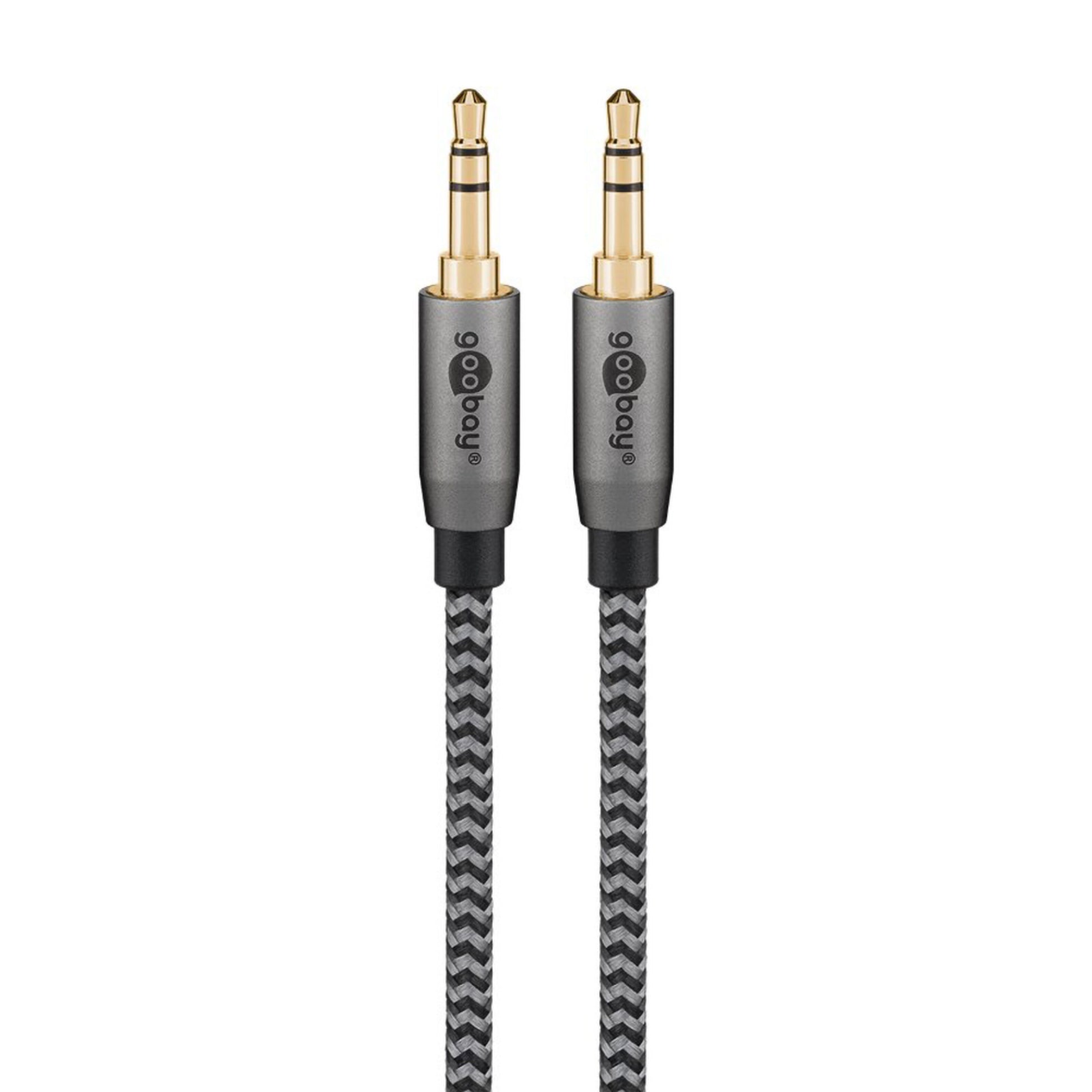 Goobay AUX lydkabler 3,5 mm sort og grå, 2 m, flettet tekstil, guldforgyldte stik.