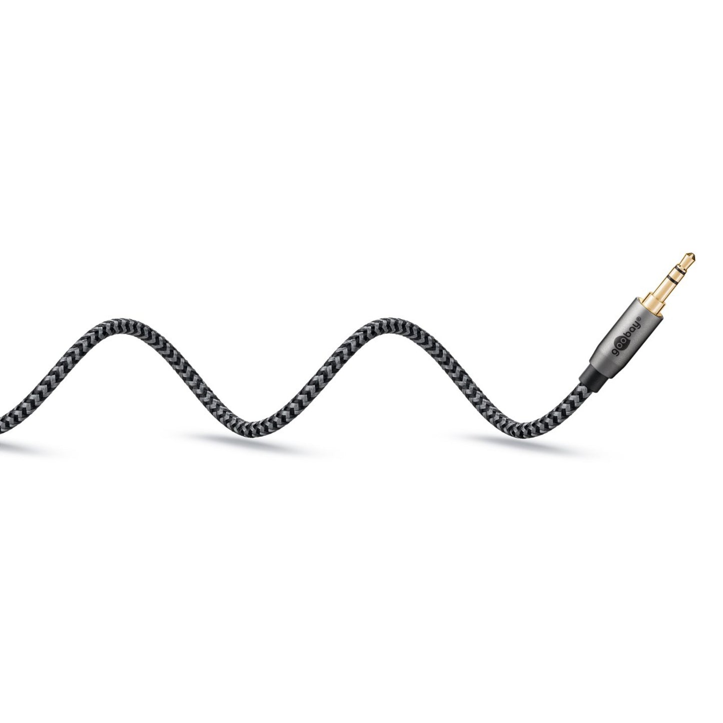 AUX lydkabel 3,5 mm 2 m sort/grå flettet tekstil, guldbelagt jackstik.