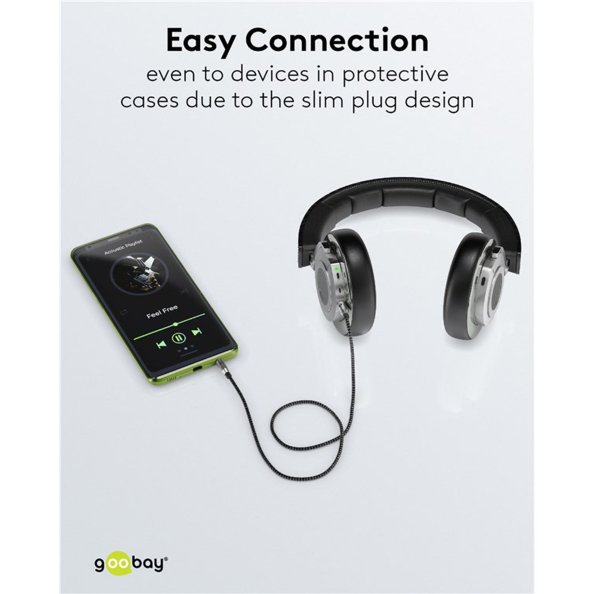 AUX-lydkabel 3,5 mm 1 m med slanke, forgyldte stik til smartphone og over-ear høretelefoner.