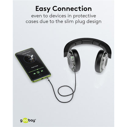 AUX-lydkabel 3,5 mm 1 m med slanke, forgyldte stik til smartphone og over-ear høretelefoner.