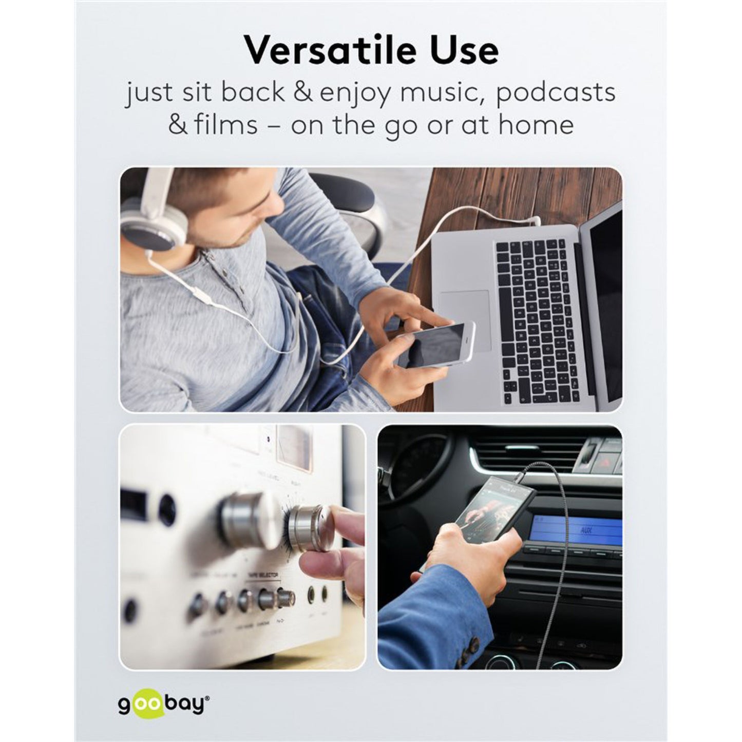 Goobay AUX-lydkabel 3,5 mm 1 m til hovedtelefoner, audiodevice og smartphone til bilstereo.