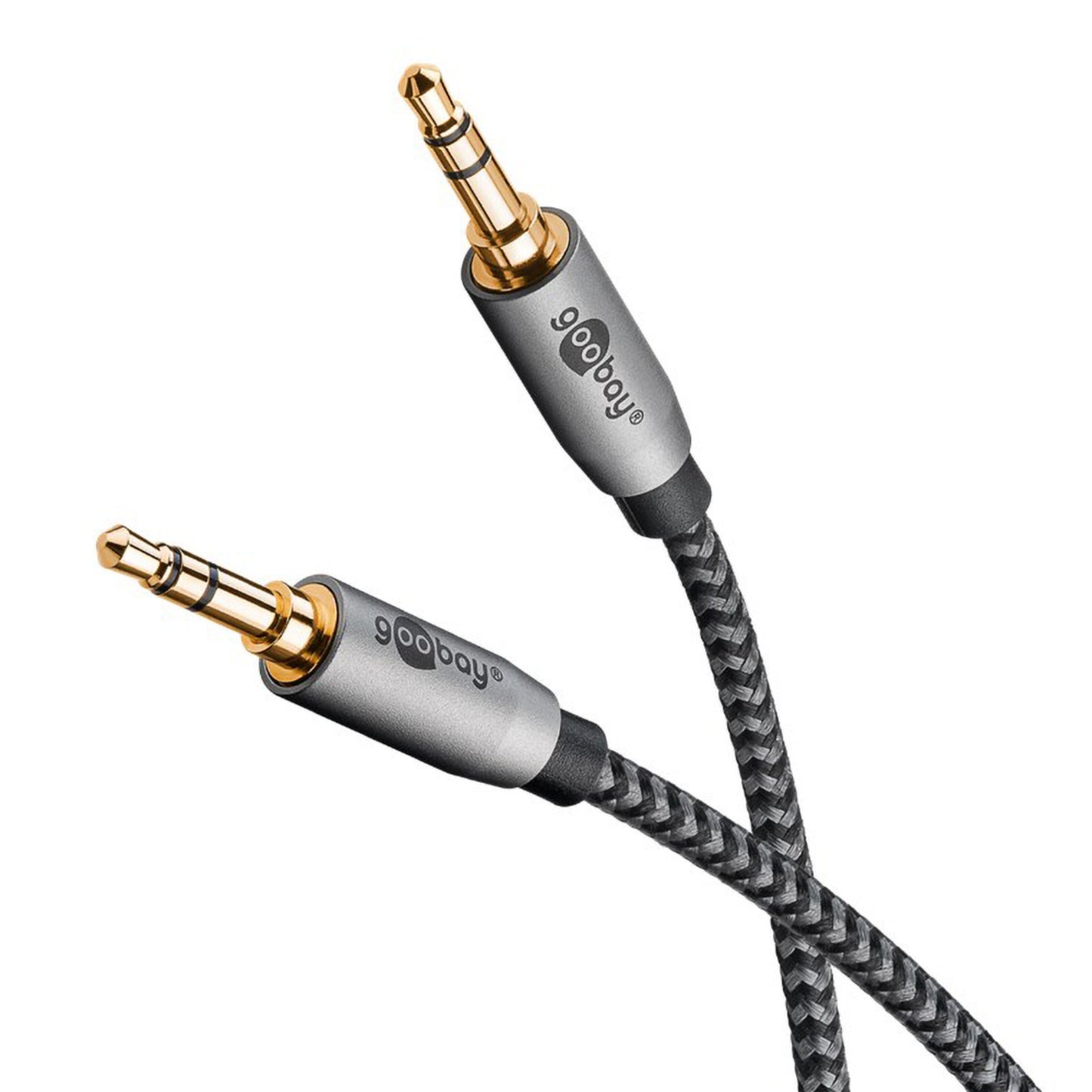 Goobay AUX-lydkabel 3,5 mm 1 m med guldbelagt stik og flettet sort-grå kabel.