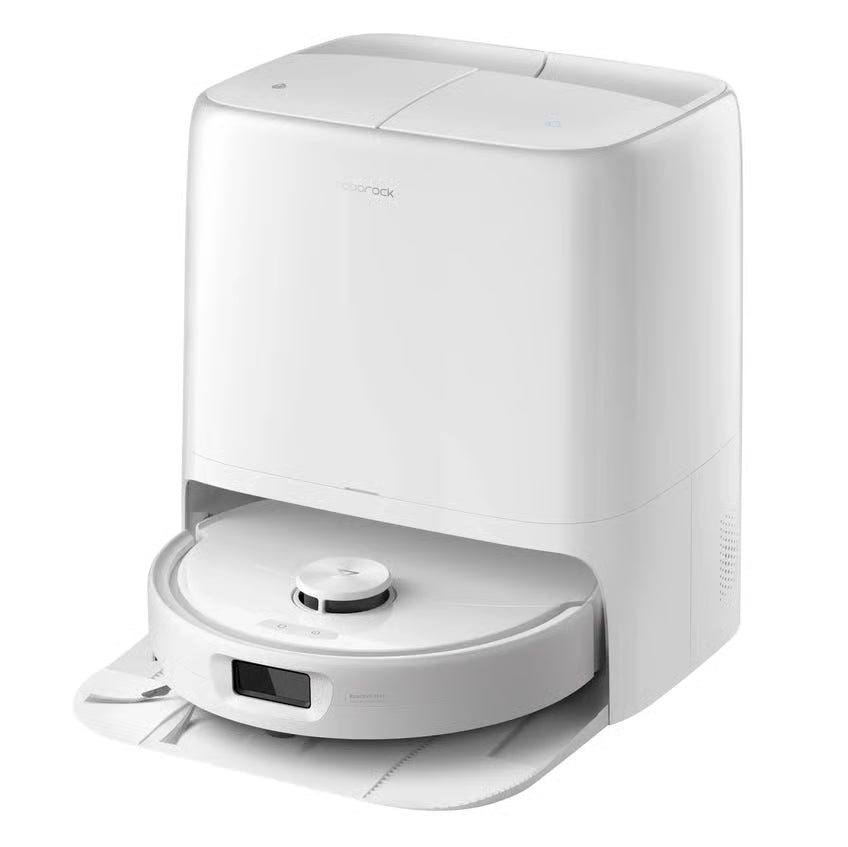 Roborock Qrevo 2 Pro robotstøvsuger med moppefunktion, hvid, delvist i dockingstationen med moppeklud synlig.