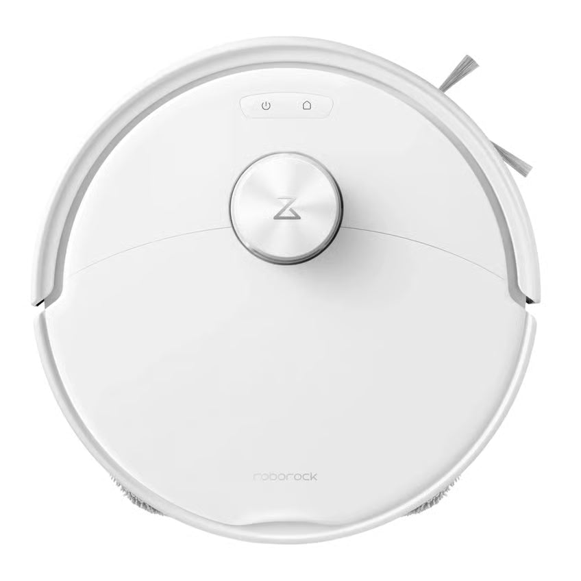 ROBOROCK Qrevo 2 Pro robotstøvsuger, hvid, rund, med moppefunktion, topview med forhøjet sensor, to knapper og sidebørster.