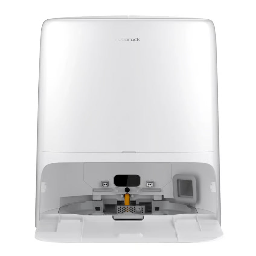 ROBOROCK Qrevo 2 Pro robotstøvsuger med moppefunktion, set forfra, hvid dockingstation med åben bund, synlige opladningskontakter og vandtankåbning.