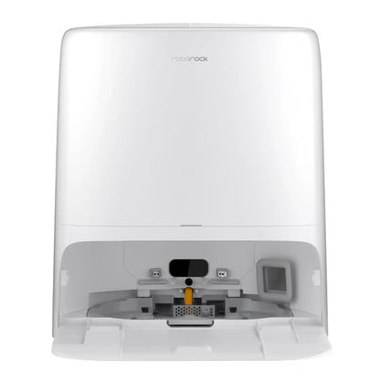 ROBOROCK Qrevo 2 Pro robotstøvsuger med moppefunktion, set forfra, hvid dockingstation med åben bund, synlige opladningskontakter og vandtankåbning.
