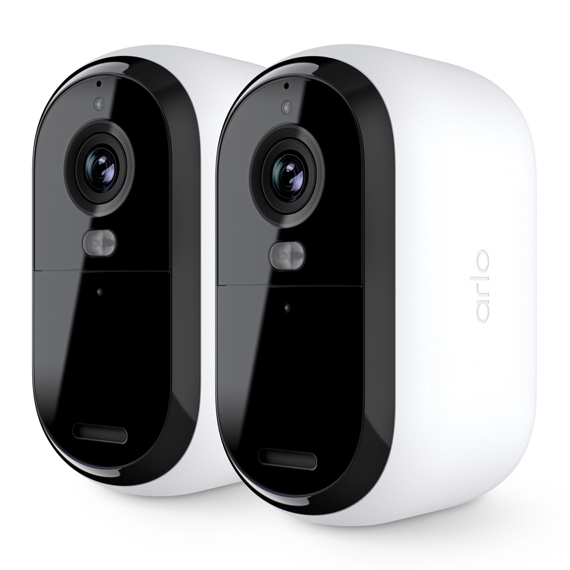 Arlo Essential 3 HD trådløs overvågningskamera 2-pak sort/hvid med synlige linser og Arlo-logo, side om side, frontvendte.