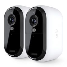 Arlo Essential 3 HD trådløs overvågningskamera 2-pak sort/hvid med synlige linser og Arlo-logo, side om side, frontvendte.
