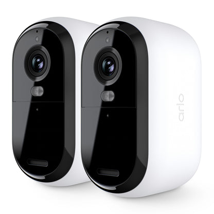Arlo Essential 3 HD trådløs overvågningskamera 2-pak sort/hvid med synlige linser og Arlo-logo, side om side, frontvendte.