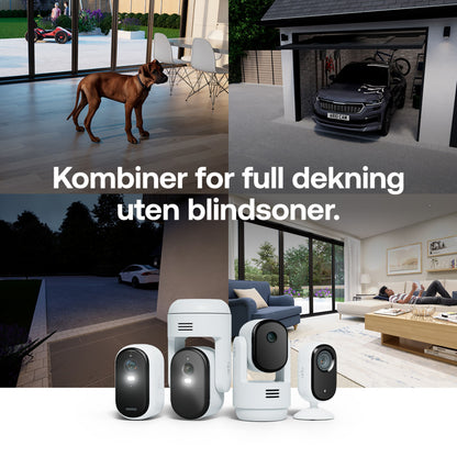 Arlo Essential 3 HD trådløse overvågningskameraer 2-pak i hjemmemiljø med hund, garage, indkørsel og stue.