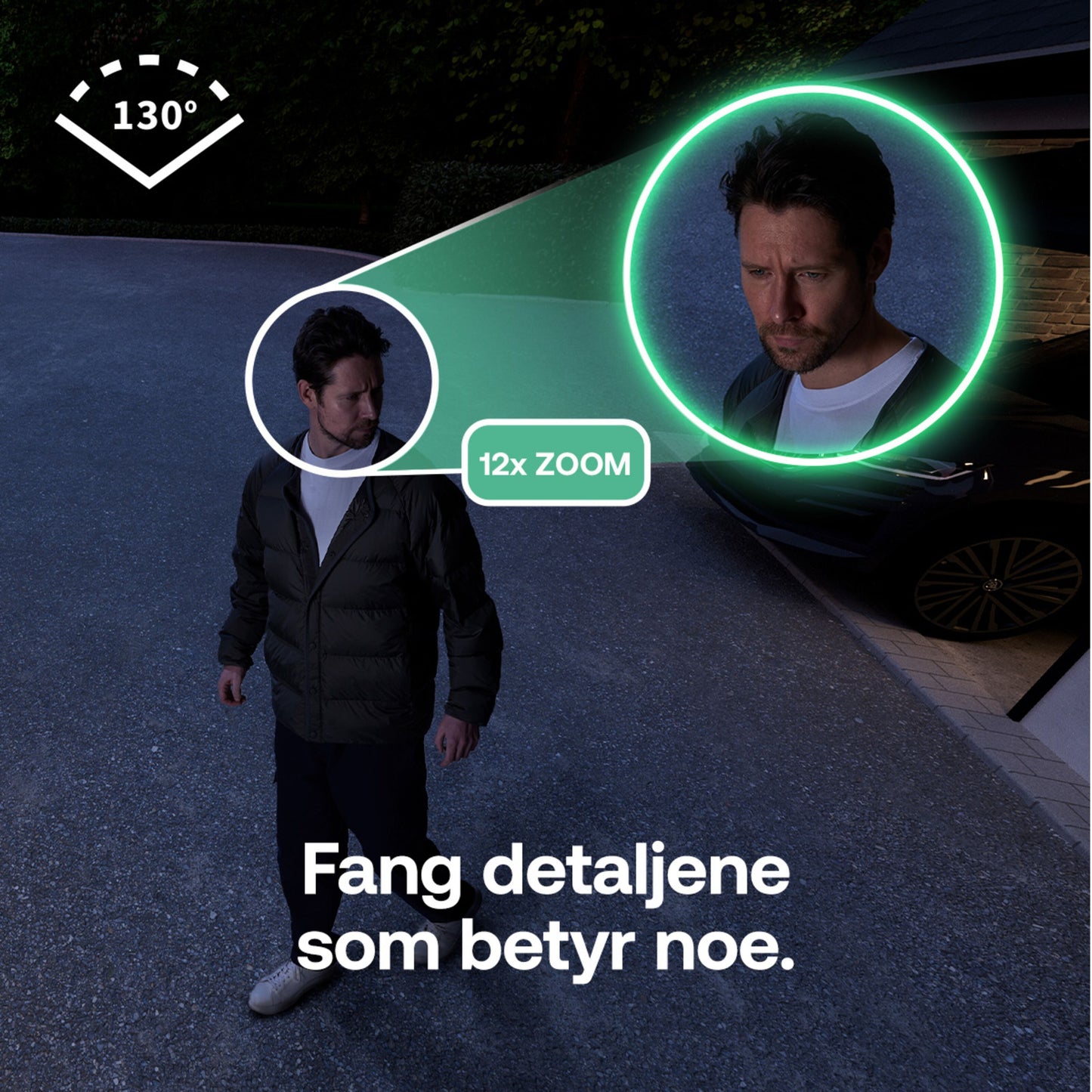 Arlo Essential 3 HD trådløs overvågningskamera 2-pak, viser 130° synsfelt og 12x zoom, norsk tekst "Fang detaljene som betyr noe.