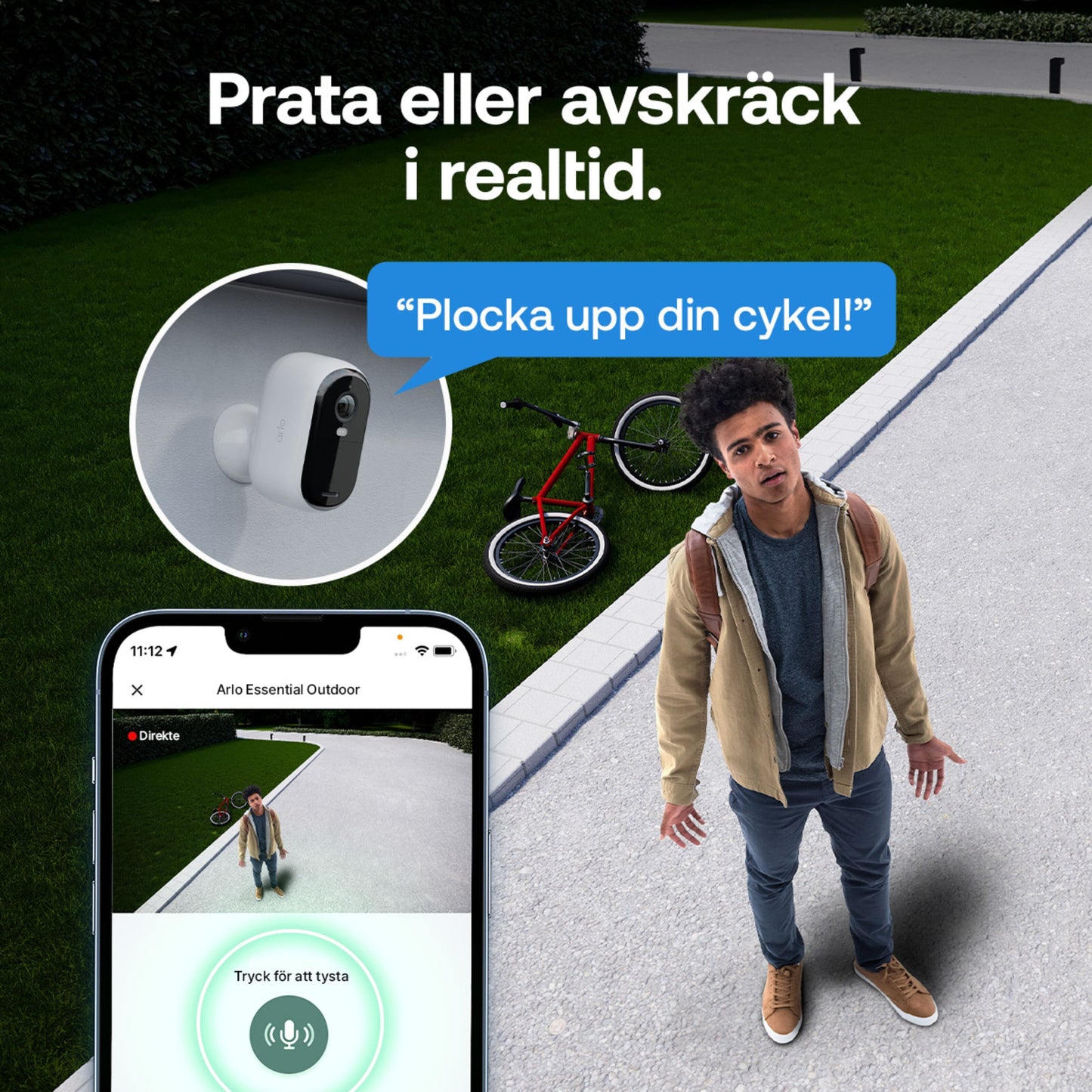 Arlo Essential 3 HD trådløs overvågningskamera 2-pak vises med live HD-feed og "Tryk for at tysta"-knap på mobilskærm.
