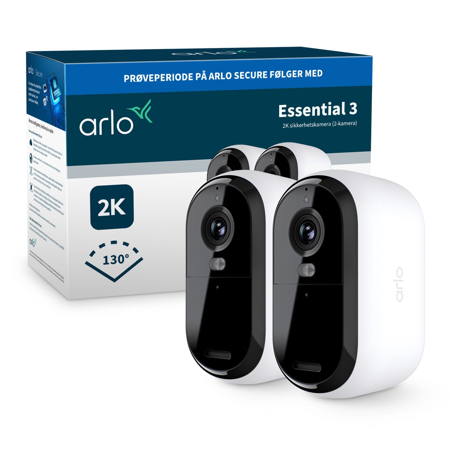 Arlo Essential 3 2K trådløse overvågningskameraer, hvid/sort, farve-natvision, 2K-opløsning, 130° synsfelt, æske bagved.