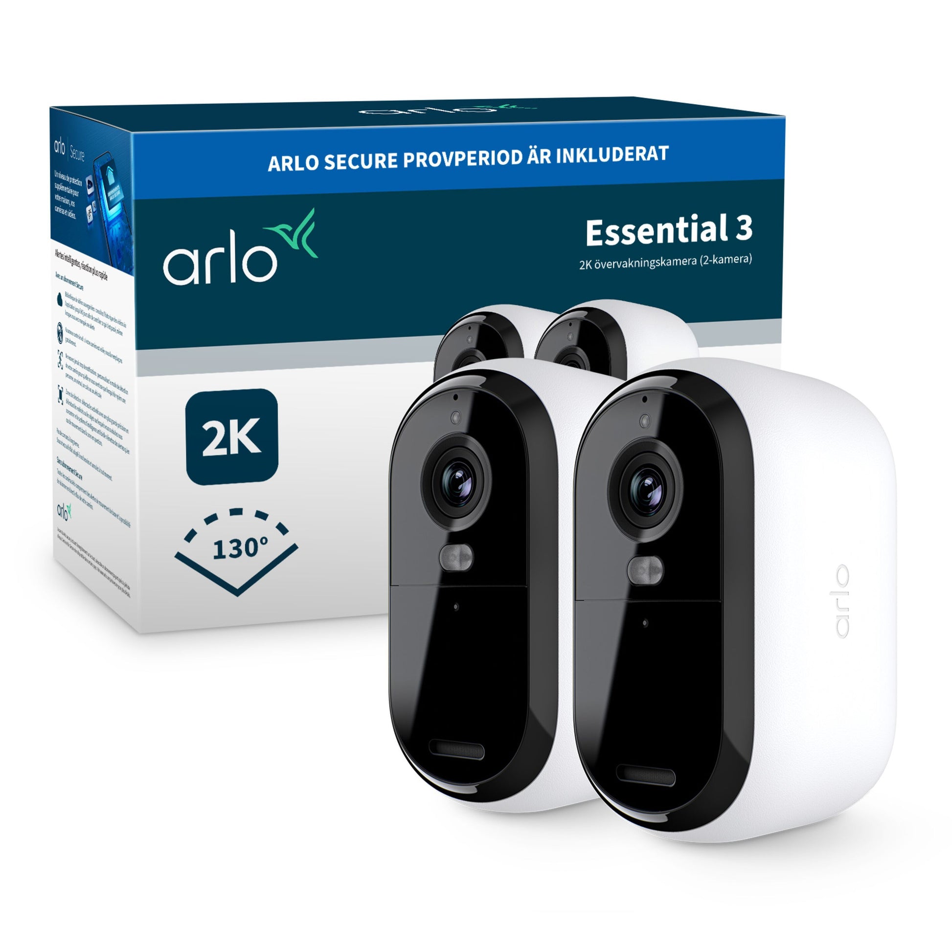 Arlo Essential 3 2K trådløse overvågningskameraer sort/hvid 2-pak med emballage viser 2K og 130° synsfelt.