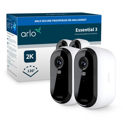 Arlo Essential 3 2K trådløse overvågningskameraer sort/hvid 2-pak med emballage viser 2K og 130° synsfelt.