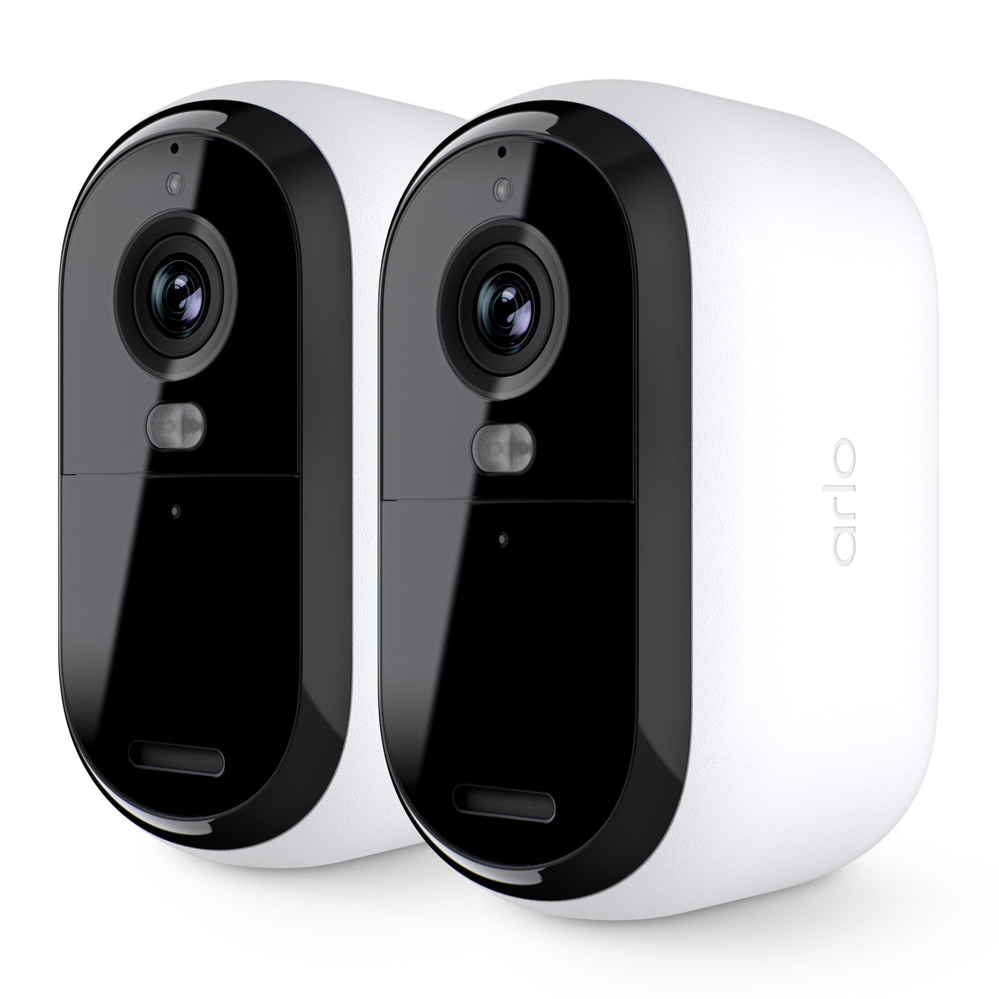 Arlo Essential 3 2K trådløse overvågningskameraer, hvid og sort, afrundet design, tydelig linse, pakke med 2 stk.