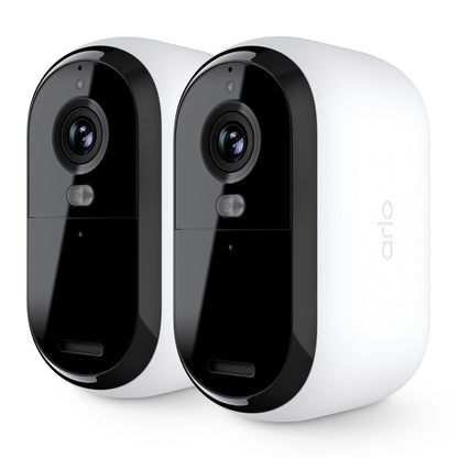 Arlo Essential 3 2K trådløse overvågningskameraer, hvid og sort, afrundet design, tydelig linse, pakke med 2 stk.