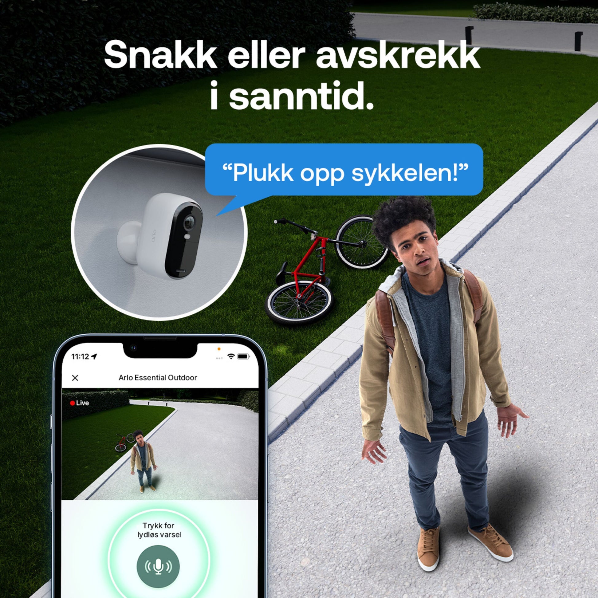 Arlo Essential 3 2K trådløs overvågningskamera 2-pak appvisning, tekst "Snakk eller avskrekk i sanntid.