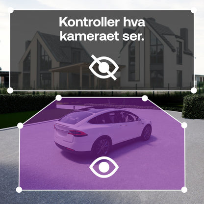 Arlo Essential 3 2K trådløst overvågningskamera med farve-natvision i indkørsel, norsk tekst "Kontroller hva kameraet ser.