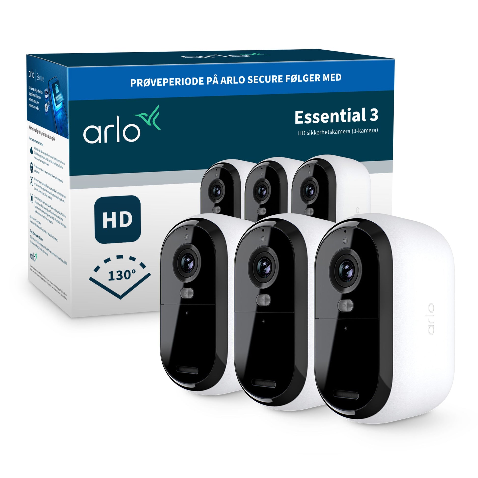 Arlo Essential 3 HD trådløs overvågningskamera 3-pak sort/hvid med 130° vidvinkel, ses sammen med original emballage.