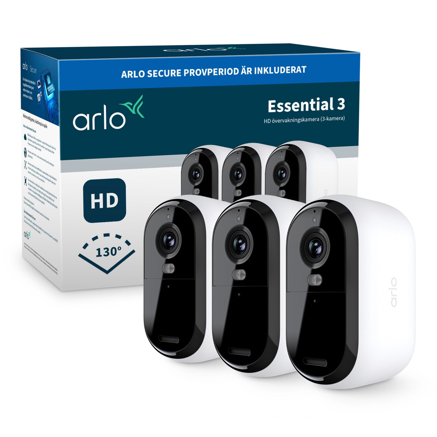 Arlo Essential 3 HD trådløse overvågningskameraer foran æske med 130° synsvinkel markeret.