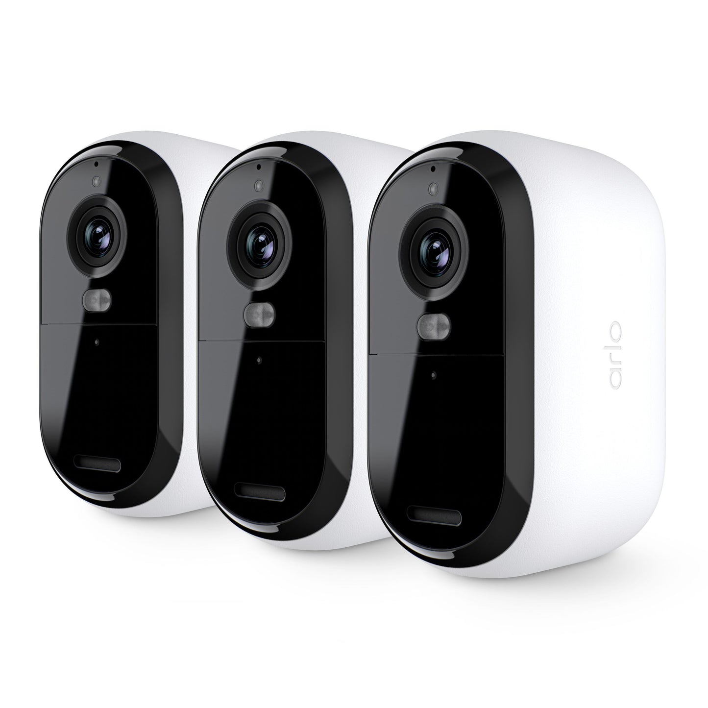 Arlo Essential 3 HD trådløs overvågningskamera 3-pak, hvide, frontvisning med synlige linser og sensorer.