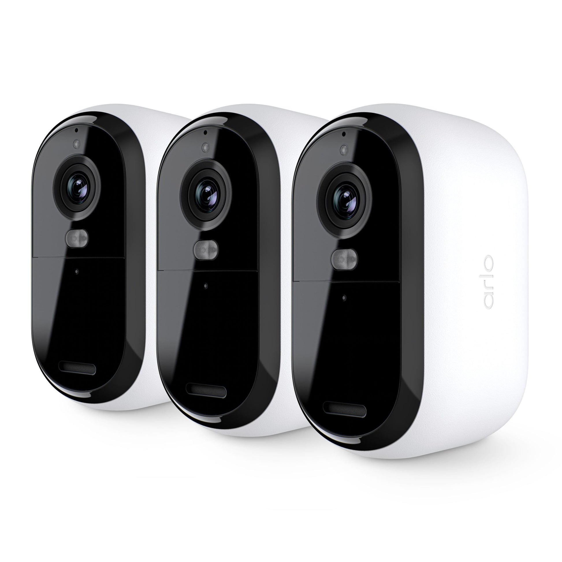 Arlo Essential 3 HD trådløs overvågningskamera 3-pak, hvide, frontvisning med synlige linser og sensorer.
