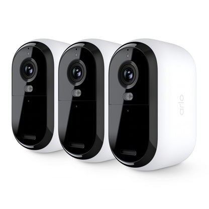 Arlo Essential 3 HD trådløs overvågningskamera 3-pak, hvide, frontvisning med synlige linser og sensorer.