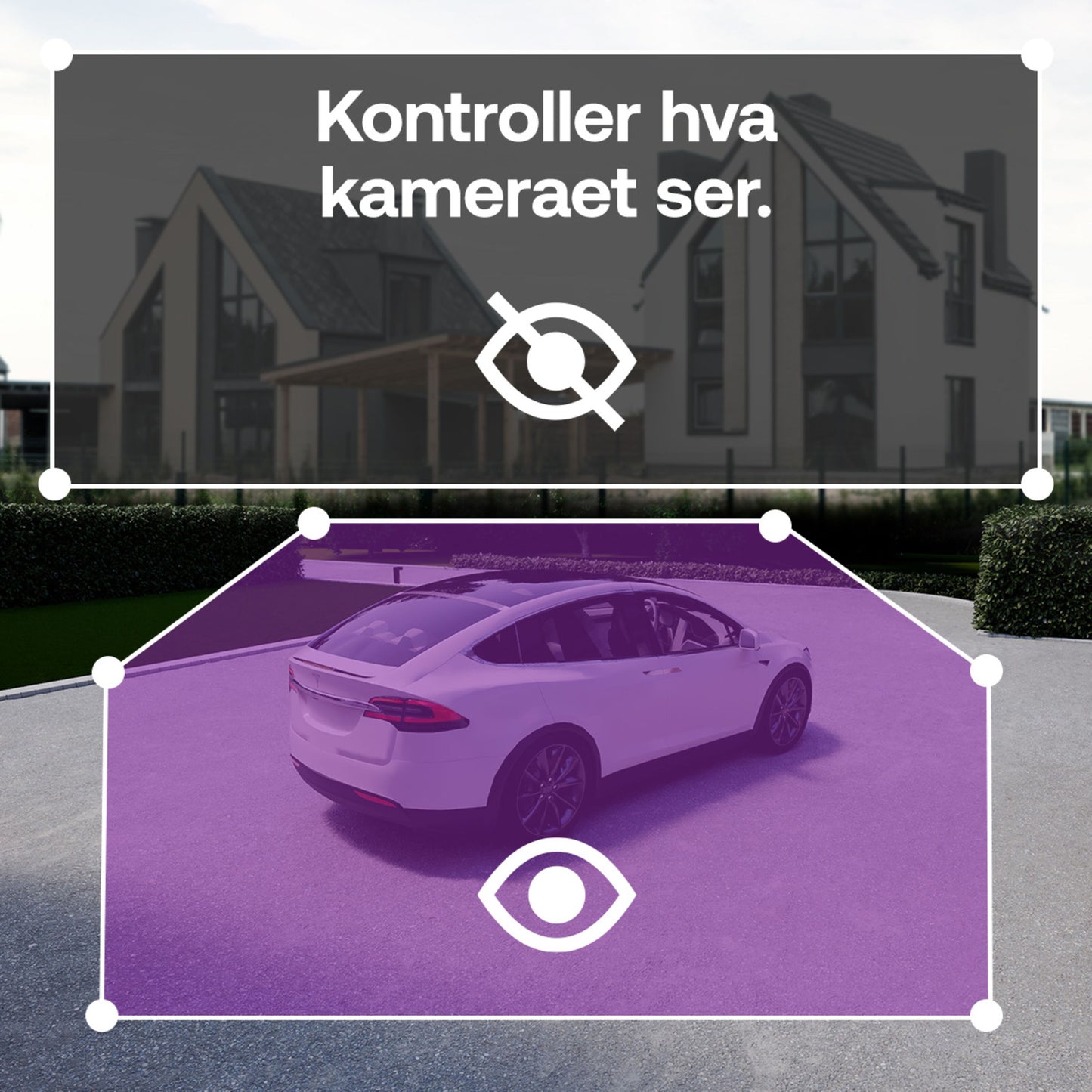 Arlo Essential 3 HD trådløs overvågningskamera 3-pak, tekst: Kontroller hvad kameraet ser, ikon til udendørs overvågning.