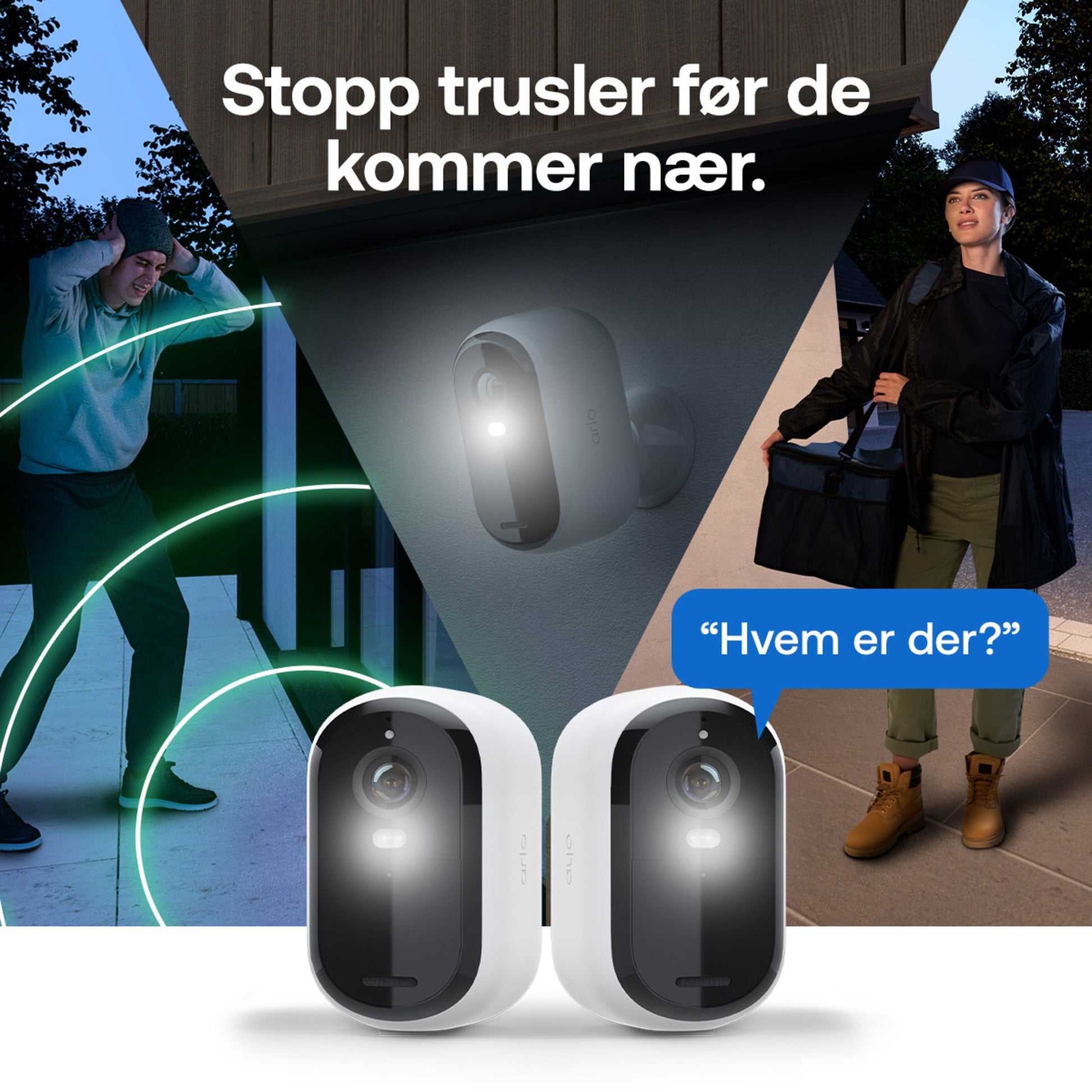 Arlo Essential 3 HD trådløs overvågningskamera fanger personer om natten med aktiveret lys, norsk tekst: Stopp trusler.