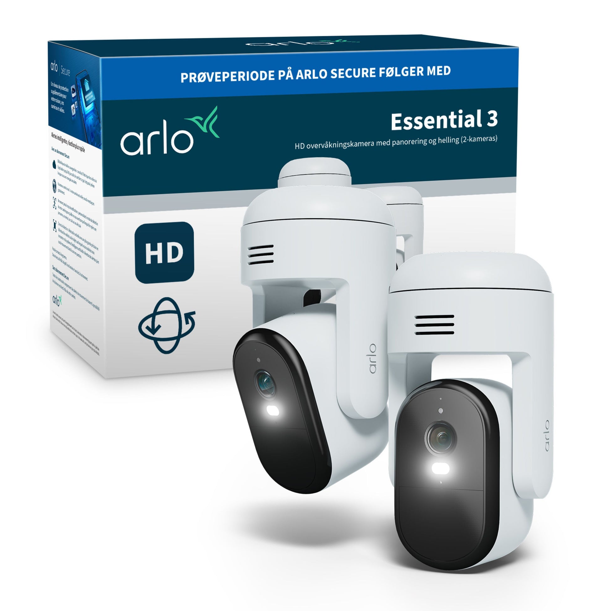 Arlo Essential 3 HD PTZ trådløse overvågningskameraer 2-pak, hvide med sorte linser, æske med Arlo-logo og HD-symbol.