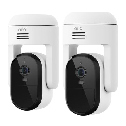 Arlo Essential 3 HD PTZ trådløse overvågningskameraer 2-pak, hvide og sorte, vist side om side.