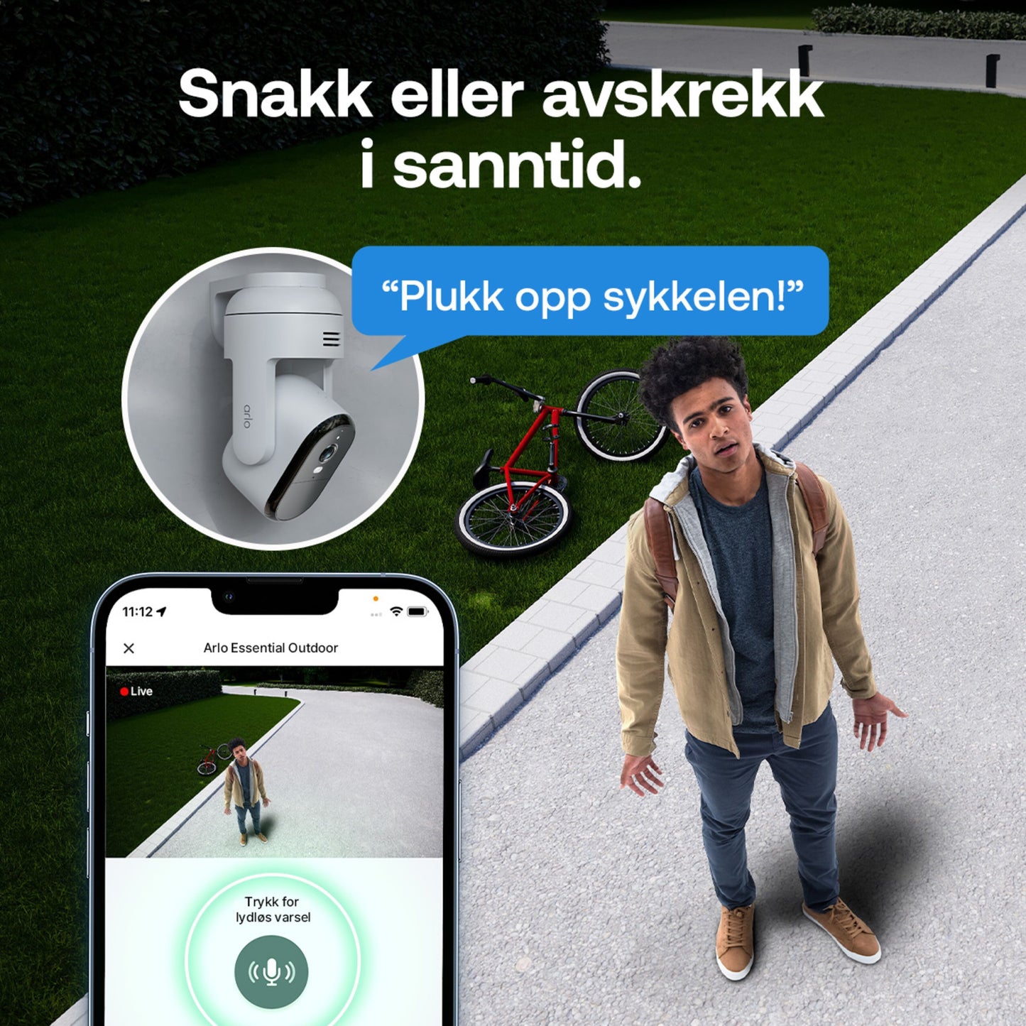 Arlo Essential 3 HD PTZ trådløs overvågningskamera 2-pak, live feed og lydknap vises på smartphone med norsk tekst.