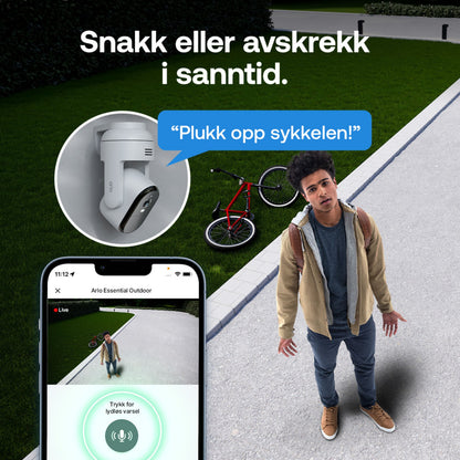 Arlo Essential 3 HD PTZ trådløs overvågningskamera 2-pak, live feed og lydknap vises på smartphone med norsk tekst.