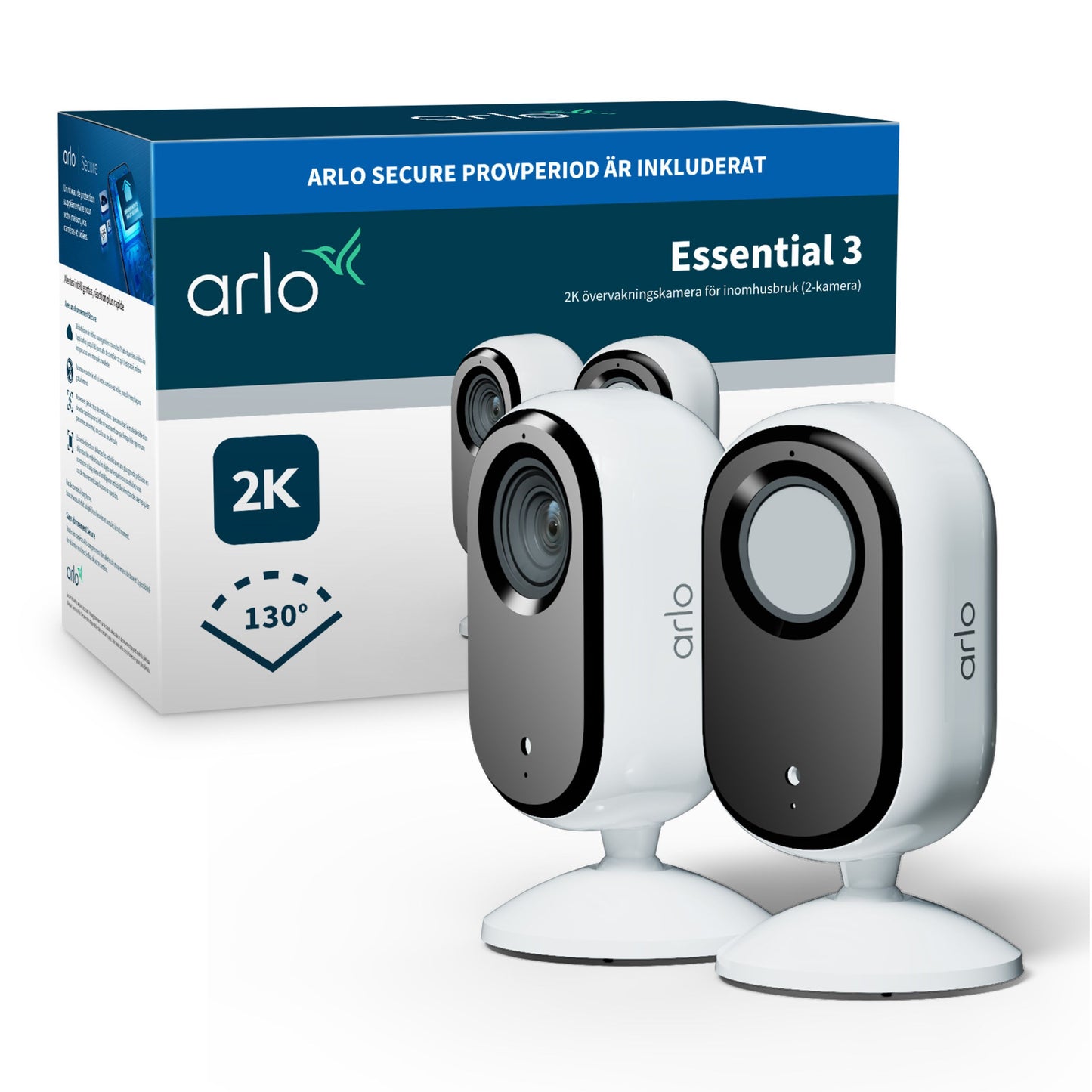 Arlo Essential 3 2K overvågningskameraer 2-pak foran æske med modelnavn, 130°, tekst på svensk om indendørs sikkerhed.